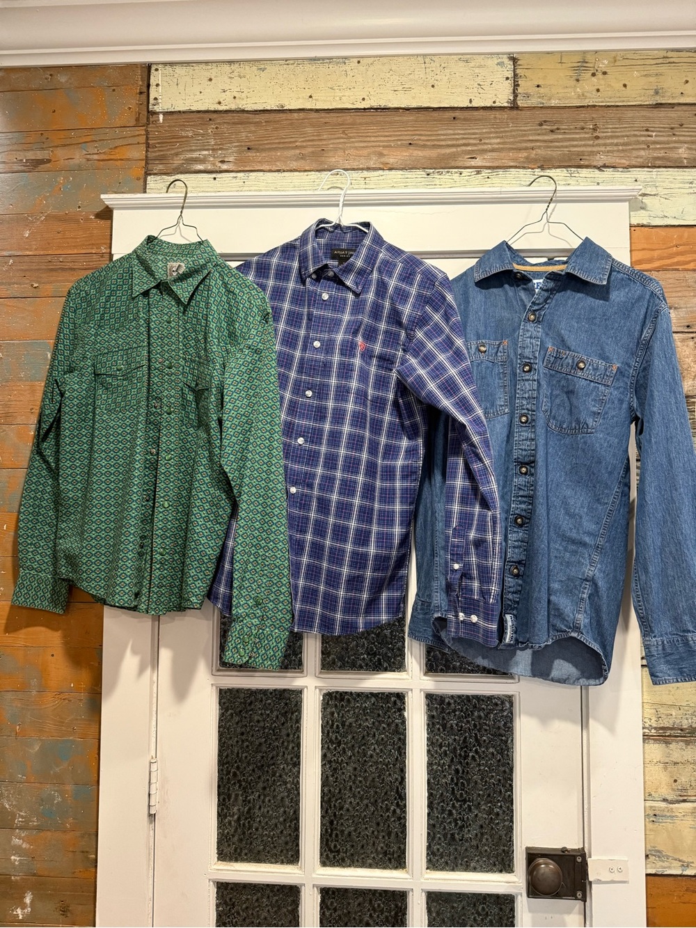Green Patterned, Blue Plaid & Denim Button-Down Shirts - Kids